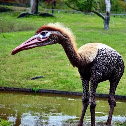 Prompt: bipedal ostrich and crocodile hybrid animal, real photo, taken in zoo