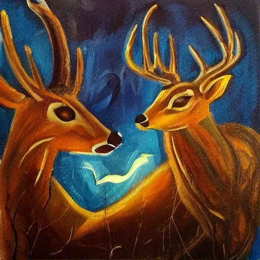 Image similar to deer smoking a cigarette at night, stylized, artistic, expressive, oil on canvas, thick paint brush strokes