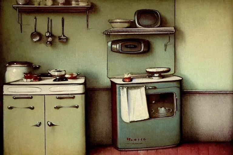Image similar to ( ( ( ( ( 1 9 5 0 s retro kitchen interior scene. muted colors. ) ) ) ) ) by jean - baptiste monge!!!!!!!!!!!!!!!!!!!!!!!!!!!!!!