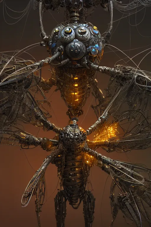 Prompt: a macro photograph of a bio - mech dragonfly made from cables and bio - organic micro organisms and metal parts and led, beautifully lit, by tomasz alen kopera and peter mohrbacher and craig mullins, 3 d, trending on artstation, octane render, 8 k