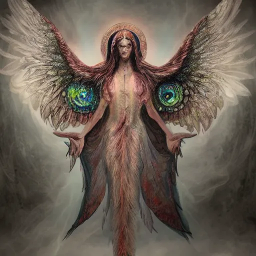 Image similar to giant imposing seraphim with many eyes and many wings, eyes for feathers, glowing, terrifying