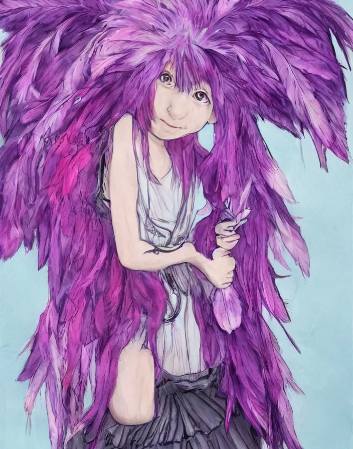 Image similar to little girl with eccentric pink hair wearing a dress made of purple feather, art by dcwj