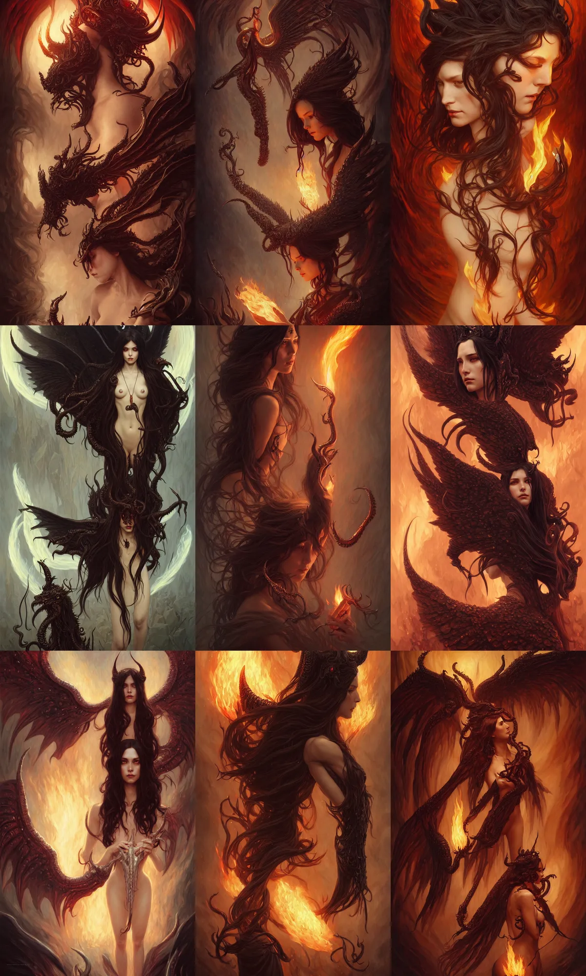 Prompt: a great lucifer, great wings, demon horn, fire above head, long dark hair, intricate, elegant, highly detailed, lovecraft horror, highly detailed, digital painting, artstation, concept art, smooth, sharp focus, illustration, art by artgerm and greg rutkowski and alphonse mucha