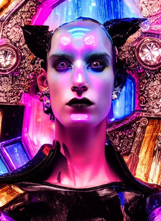 Image similar to photo of baroque and bladerunner delicate neon sapphire sculpture of seductive onyx albino king adrien sahores geometric pink iridescent humanoid deity wearing black fluffy hoody holding diamond skull in a black metallic dungeon, reclining, glowing rainbow face, crown of white diamonds, cinematic lighting, photorealistic, octane render 8 k depth of field 3 d