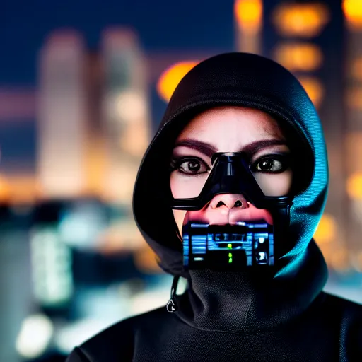 Image similar to photographic portrait of a techwear woman presenting a bullet, closeup, on the rooftop of a futuristic city at night, sigma 85mm f/1.4, 4k, depth of field, high resolution, full color, award winning photography