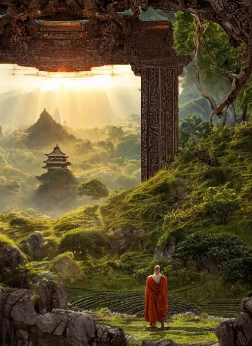 Image similar to a cosmic monk in lord of the rings scenery landscape, looking out at a vast lush valley at sunrise, huge ancient chinese temple in the distance, god's rays, highly detailed, vivid color, cinematic lighting, perfect composition, 8 k, gustave dore, derek zabrocki, greg rutkowski, belsinski, octane render