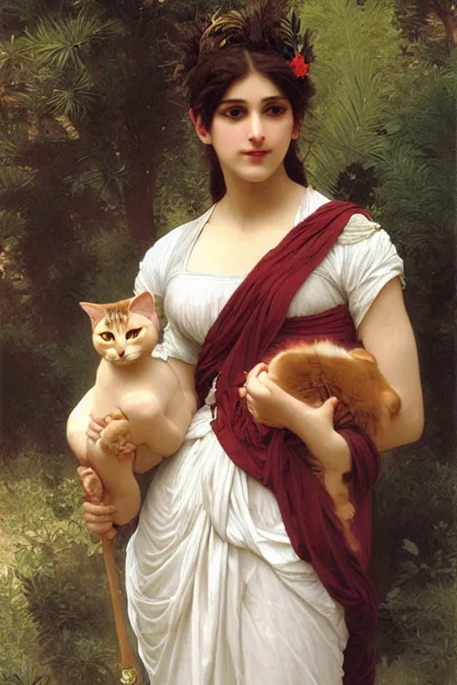 Image similar to cat fursuit as a greek goddess, painting by william adolphe bouguereau