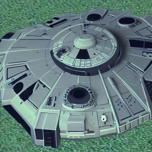 Image similar to screenshot from a Nintendo 64 game featuring the millennium falcon, low polygon, 90s video game aesthetic