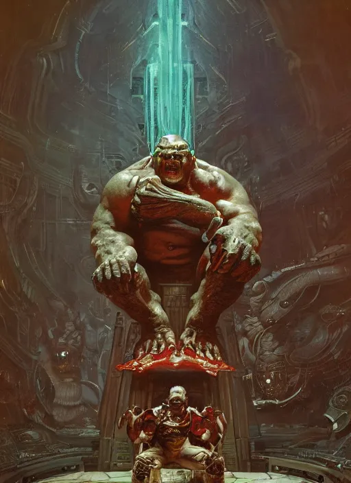 Prompt: hulking brute demon sitting on throne in science fiction hall, by sergey kolesov and lawrence alma tadema and norman rockwell and greg staples and craig mullins and john berkey and rick berry and jeremy mann, artstation creature art