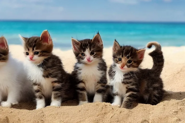 Prompt: kittens at the beach surrounding a sand castle and all of the kittens are looking directly at the sand castle