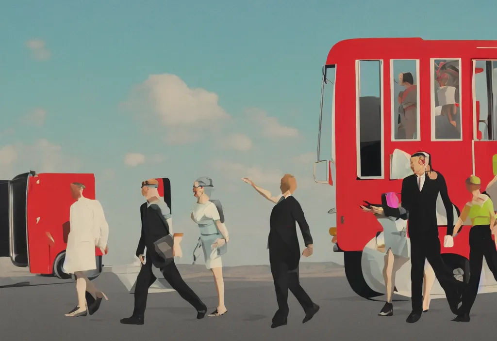 Prompt: full body portrait of a trio of european tourists getting off a tour bus for sightseeing, character designs painting, in the style of wes anderson, rene magritte, lola dupre, isolated on white background, dark monochrome neon spraypaint accents volumetric octane render