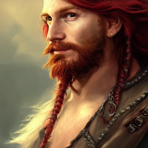 Image similar to portrait of a young pirate, 30 years old, male, ruggedly handsome, masculine, upper body, red hair, long hair, D&D, fantasy, intricate, elegant, highly detailed, cinematic lighting, digital painting, artstation, concept art, seductive, cutscene, sharp focus, illustration, art by Artgerm and Greg Rutkowski and Alphonse Mucha