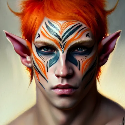 Image similar to portrait painting of an elven young man with short light orange hair and tribal tattoos on his face wearing fur armor, sharp focus, award - winning, trending on artstation, masterpiece, highly detailed, intricate. art by james ryman