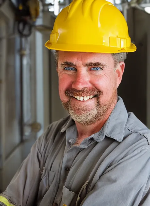 Prompt: closeup portrait of cheerful bryan craston as a crane operator, yellow hardhat, natural light, bloom, detailed face, magazine, press, photo, steve mccurry, david lazar, canon, nikon, focus