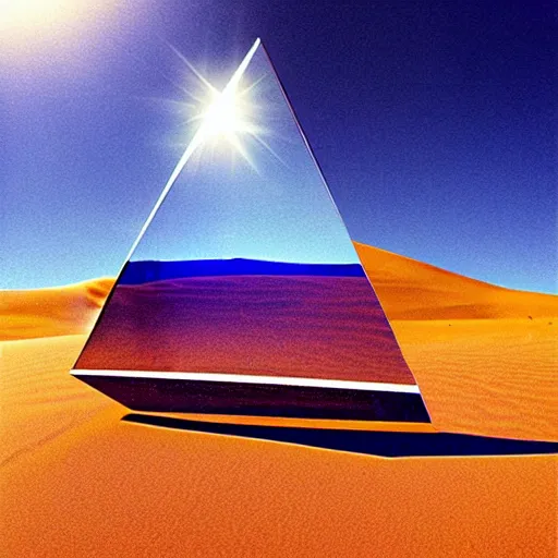 Prompt: poster big angular crystal in the desert, reflection from the crystal is sparkling due to sun, small starship near, futuristic, hi-tech details, style jean giraud