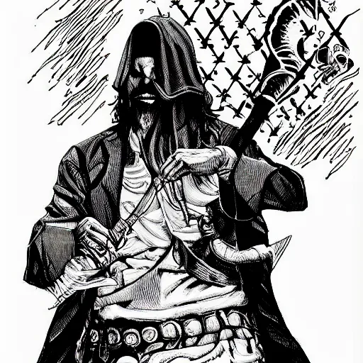 Image similar to black and white pen and ink!!!! rugged royal masonic goetic!! Frank Zappa x Ryan Gosling golden!!!! Vagabond!!!! floating magic swordsman!!!! glides through a beautiful!!!!!!! battlefield dramatic esoteric!!!!!! pen and ink!!!!! illustrated in high detail!!!!!!!! by Junji Ito and Hiroya Oku!!!!!!!!! graphic novel published on 2049 award winning!!!! full body portrait!!!!! action exposition manga panel black and white Shonen Jump issue by David Lynch and Ari Aster beautiful line art