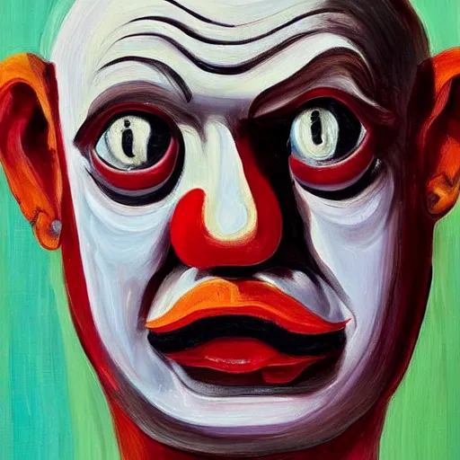 Prompt: a sweaty bald worried brow clown face in the style of lucien freud, painting, auction