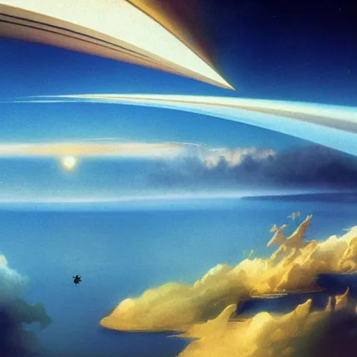Image similar to beautiful matte painting of golden shores of a blue dreamy ocean, heavenly island in the clouds floating above the ocean, spaceship flying by, sci - fi, daylight, blue sky, cinematic lighting, cinematic perspective, syd mead, john harris, federico pelat