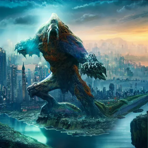 Image similar to giant creature with a city on its shoulders, ultra detailed, well composed, epic, beautiful colors, 8 k