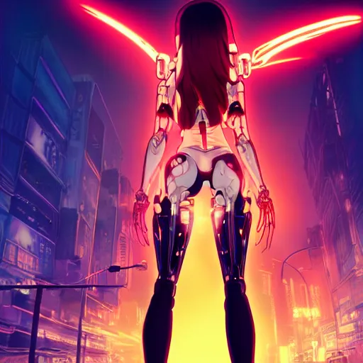 Image similar to digital anime, cyborg - girl standing in the middle of the street bending and refracting light around her, black red long hair!, biomechanical details, neon background lighting, reflections, wlop, ilya kuvshinov, artgerm