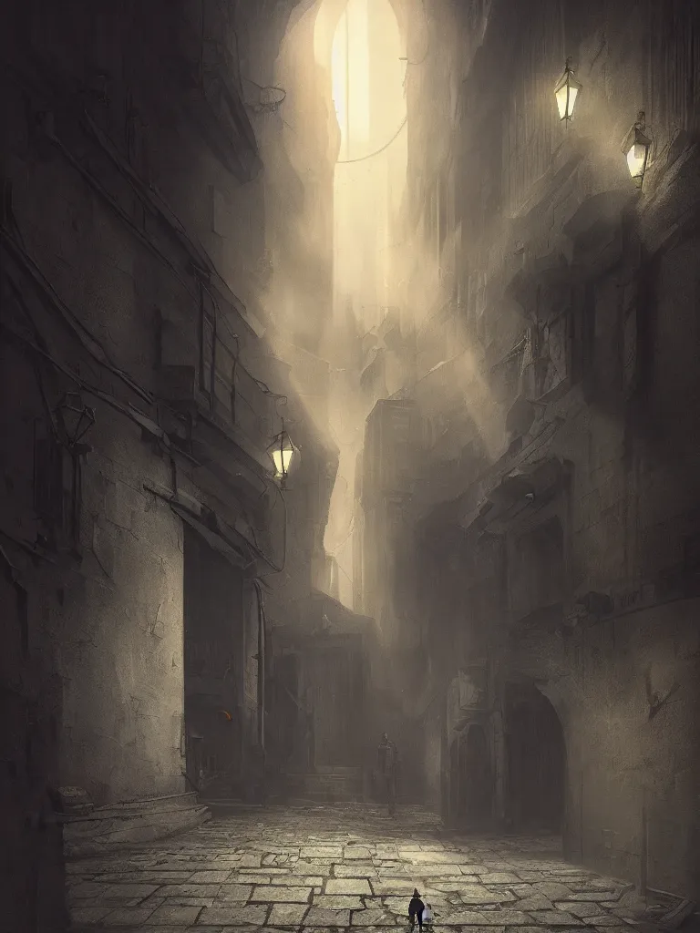 Prompt: a detailed matte painting of a nightscene with a dark alley at the end an illuminated door in the style of greg rutkowski