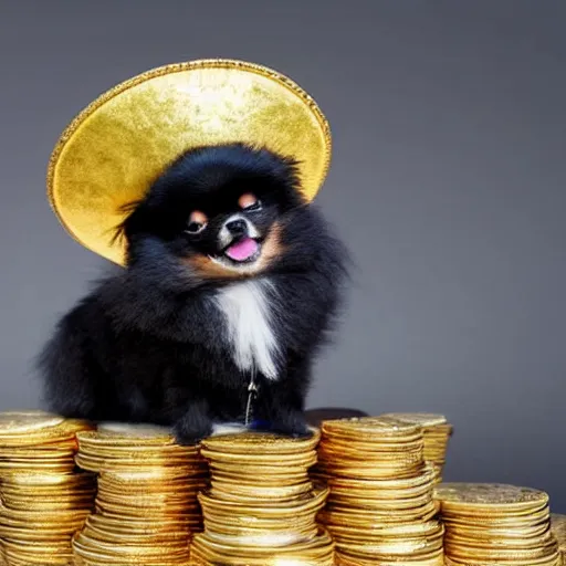 Image similar to A pomeranian wearing a top-hat, sitting on top of a large pile of gold coins