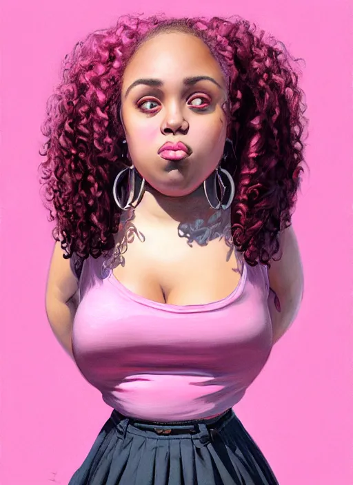 Image similar to full body portrait, teenage vanessa morgan, pink hair, obese, black girl, curly pixie hair, sultry, realistic, short hair, hoop earrings, skirt, shirt, fat, belly, intricate, elegant, highly detailed, digital painting, artstation, concept art, smooth, sharp focus, illustration, art by wlop, mars ravelo and greg rutkowski