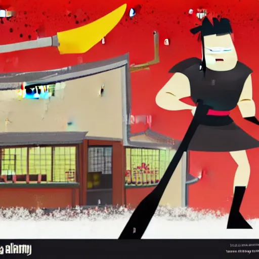 Prompt: a man facing away holding a snow shovel like a sword preparing to raid a fast food restaurant in the background, in the style of Samurai Jack,