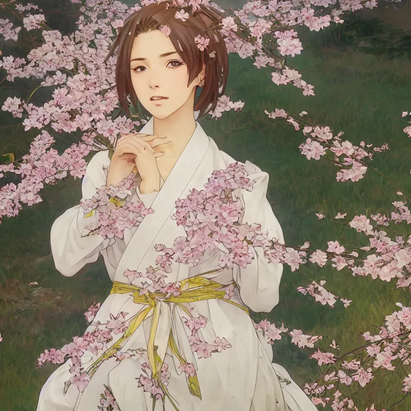 Image similar to portrait of a girl, sakura tree in background, yukata clothing, battlefield in background, anime style, short hair, hair down, symmetrical facial features, realistic hands, hyper realistic, 4 k, extreme detail, detailed drawing, trending artstation, realistic lighting, by alphonse mucha, greg rutkowski, sharp focus, backlit