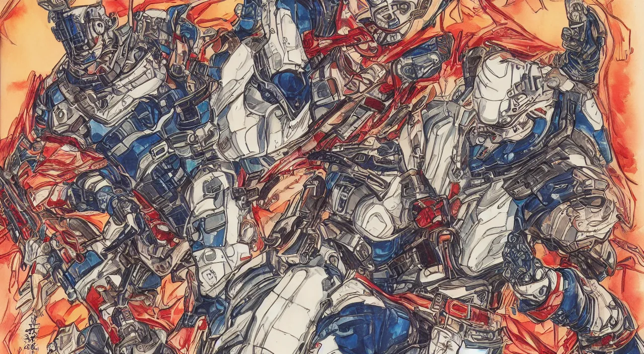 Image similar to Cyber-Samurai, highly detailed illustration richly colored ink, in style of Tomino-Sama