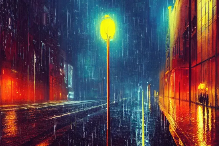 Prompt: city night photography, rain like a dream, oil painting, cinematic, surreal, dramatic, otherworldly, dreamlike, soft volumetric lighting, cyberpunk, basquiat + moebius + francis bacon + gustav klimt + beeple, elevated street art, fantasy lut, textural,