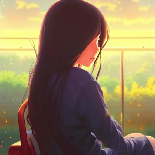 Image similar to a beautiful girl with long dark hair, sitting alone on a train, sunset, sharp focus, intricate, digital painting, artstation, official media, anime key visual, highly detailed, rich vivid colors, ambient lighting, illustration, art by Artgerm, Makoto Shinkai, Ilya Kuvshinov, Lois Van Baarle, and Rossdraws