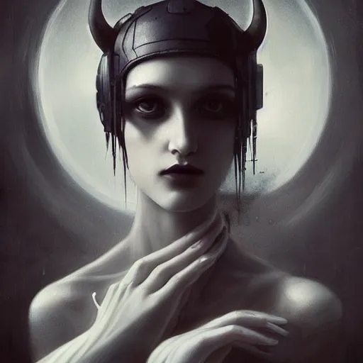 Image similar to By Tom Bagshaw, ultra realist soft painting of cyberpunk curiosities by night, very beautiful single female gothic fully dressed, horns, symmetry accurate features, very intricate details, ominous sky, black and white, volumetric light clouds