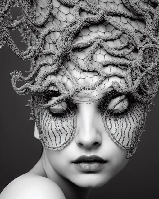 Image similar to surreal mythical dreamy artistic black and white fine art photo of a beautiful young female queen - medusa - cyborg covered with lace fish scales and translucent algae, highly detailed, intricate crystal ivy lace jelly fish scales ornate, poetic, octane render, 8 k, photo - realistic