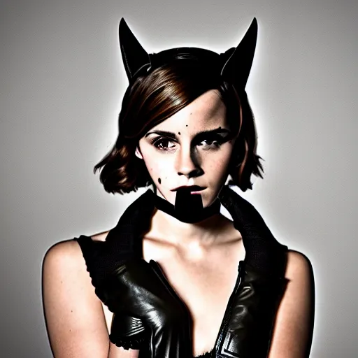 Image similar to Emma Watson as Catwoman, XF IQ4, 150MP, 50mm, f/1.4, ISO 200, 1/160s, natural light, Adobe Lightroom, photolab, Affinity Photo, PhotoDirector 365, filling the frame, rule of thirds, framing, symmetrical balance, depth layering