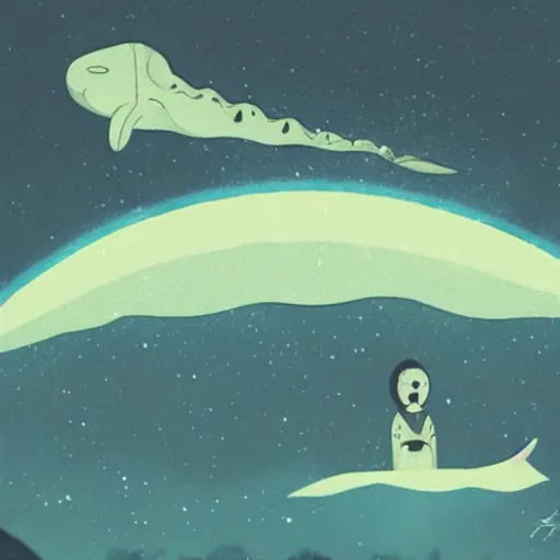 Prompt: a whale alien wistfully watches a spaceship fly away, sci-fi illustration,