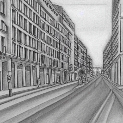 Image similar to ultrarealistic pencil drawing by Isabel Quintanilla, of a quiet street in Madrid, 1984