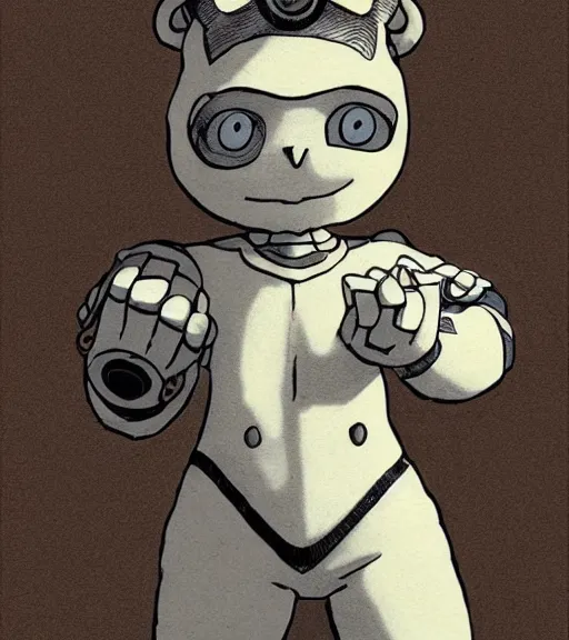 Image similar to attractive little boy wearing an cyborg bear suit, artwork in kentaro miura and made in abyss, inspired in astroboy smooth, beautiful lightness, anatomically correct, trending on pixiv, fascist composition, realistic