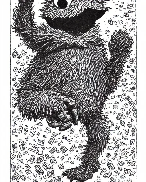 Image similar to an illustration of Cookie Monster, full body, pen-and-ink illustration, etching, by Russ Nicholson, DAvid A Trampier, larry elmore, 1981, HQ scan, intricate details