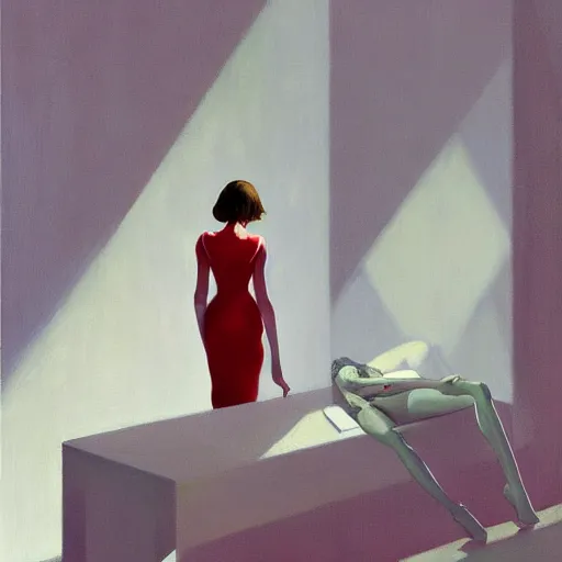 Prompt: A woman wearing tight night dress day dreaming, very coherent, painted by Edward Hopper, Wayne Barlowe, painted by James Gilleard, airbrush, art by JamesJean