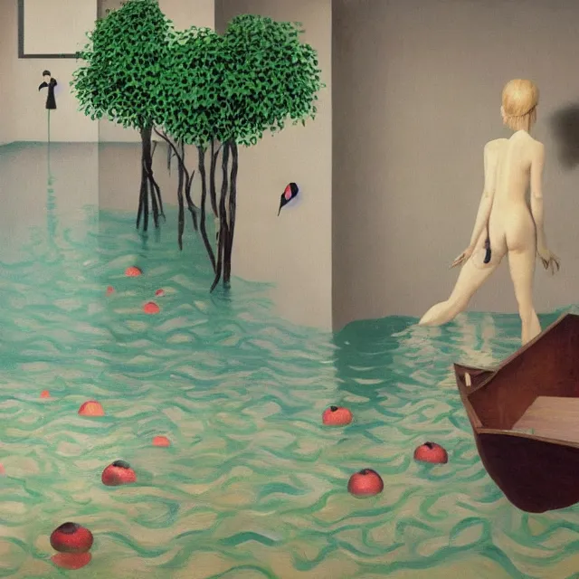 Prompt: painting of flood waters inside an apartment, tall female emo art student, a river flooding indoors, pomegranates, pigs, ikebana, water, river, rapids, waterfall, black swans, canoe, berries dripping, acrylic on canvas, surrealist, by magritte and monet