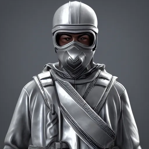 Image similar to 3 d rendering of marble and chrome statue of ninja wearing full face mask and hunter hat, combat suit, technological, octane render