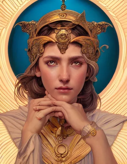 Image similar to athena goddess of wisdom, realistic portrait, symmetrical, highly detailed, digital painting, artstation, concept art, smooth, sharp focus, illustration, cinematic lighting, strength, art by artgerm and greg rutkowski and alphonse mucha and louis theophile hingre