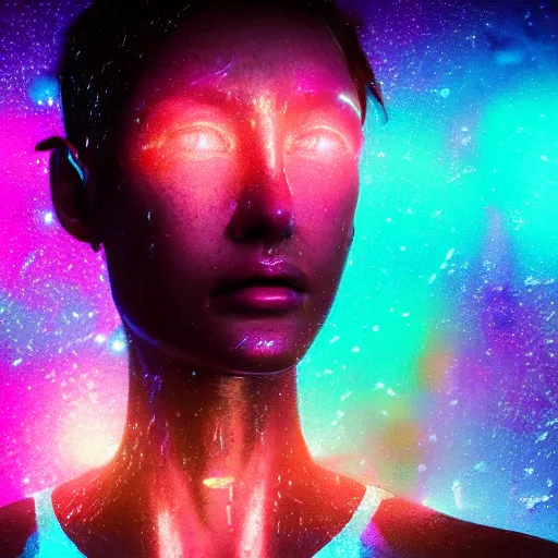 Image similar to human portrait formed out of rain, beautiful, neon, epic detail, galactic background, rendered in octane, unreal engine, realistic