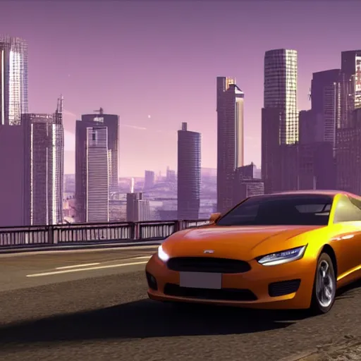 Image similar to a car driving down a road with a city in the background, a screenshot, featured on cg society, playstation 5 screenshot