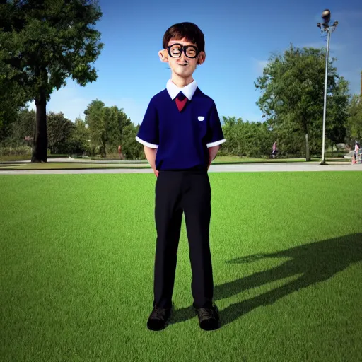 Prompt: a realistic fullbody photograph of a nerdy school boy in a park, school uniform