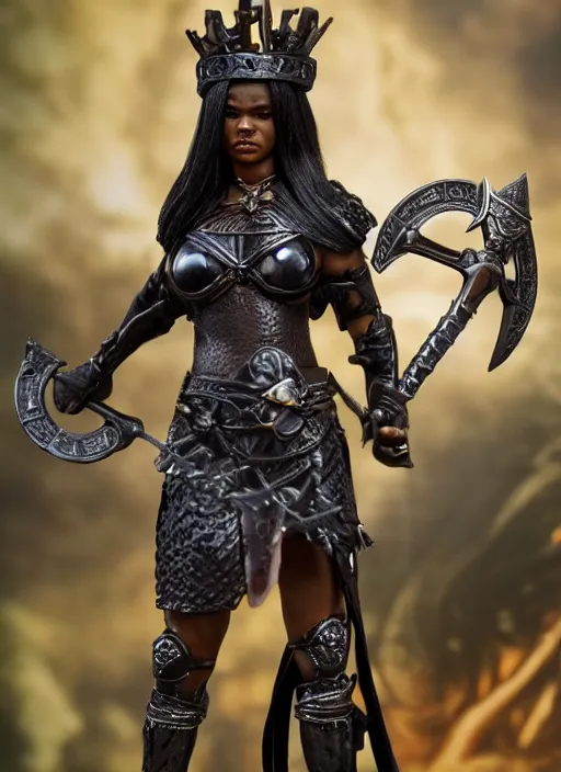 Prompt: 80mm resin detailed miniature of Queen of barbarian, black female, clothed in armor, circlet, very muscular, black hair, beautiful bone structure, symmetrical facial features, Product Introduction Photos, 4K, Full body