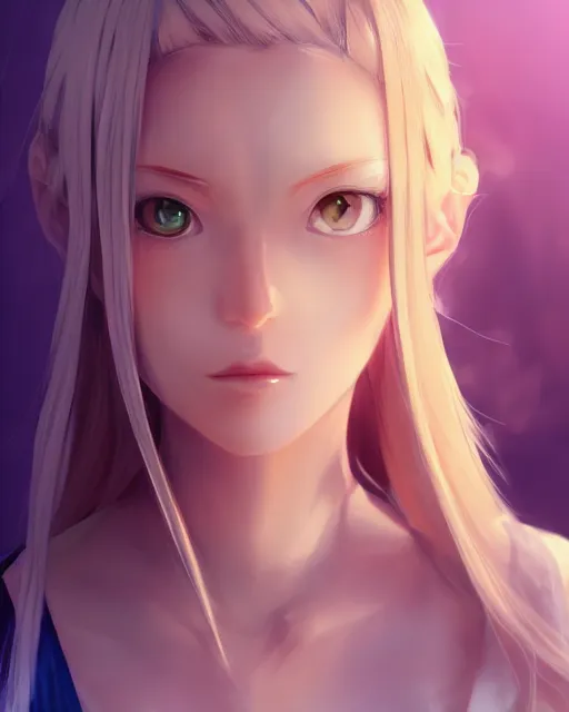 Image similar to Alice by Zeronis and Avetetsuya Studios and Andrew Khok and Yi Qiang Cao and Mitsu Art, Alicization, flowing blonde hair, anime, symmetrical face, blue eyes, elegant, sunset, trending on artstation, artstationHD, artstationHQ, patreon, 4k, 8k