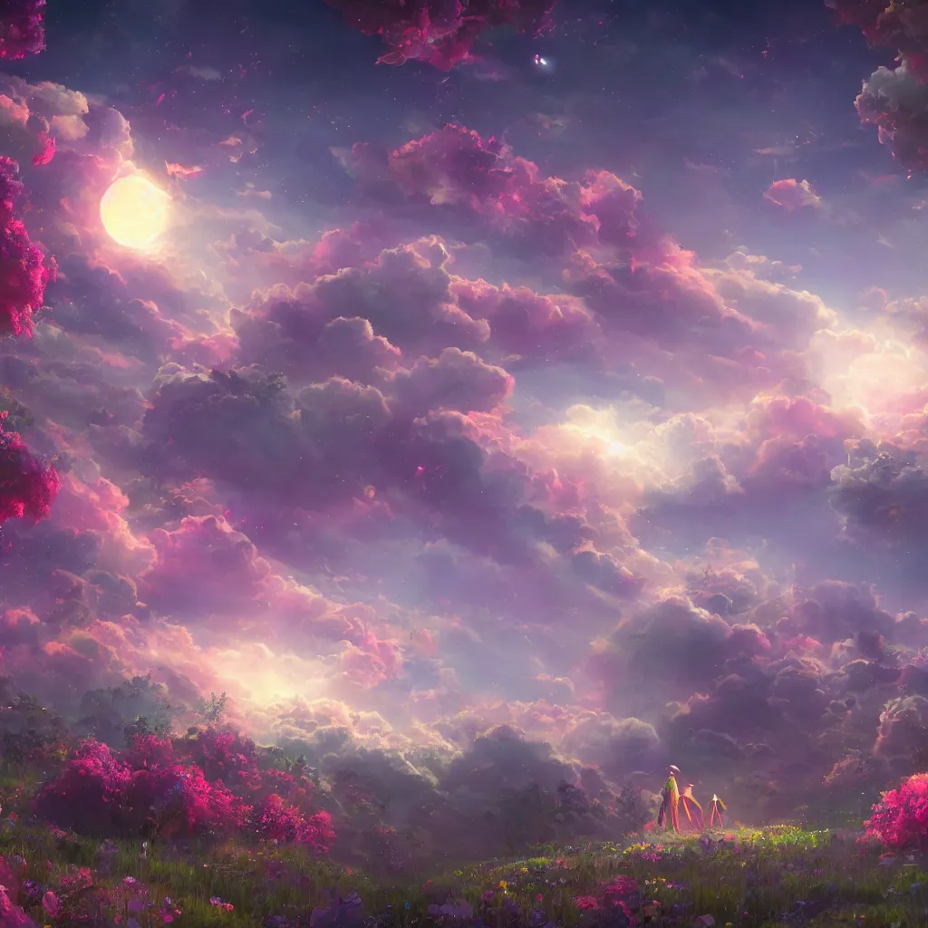 Image similar to digital illustration, a world full of life divine thrill of biological tranquil sky, atoms floating, flowers, spaceship, in the style of greg rutkowski and lisa frank, high detailed 8 k