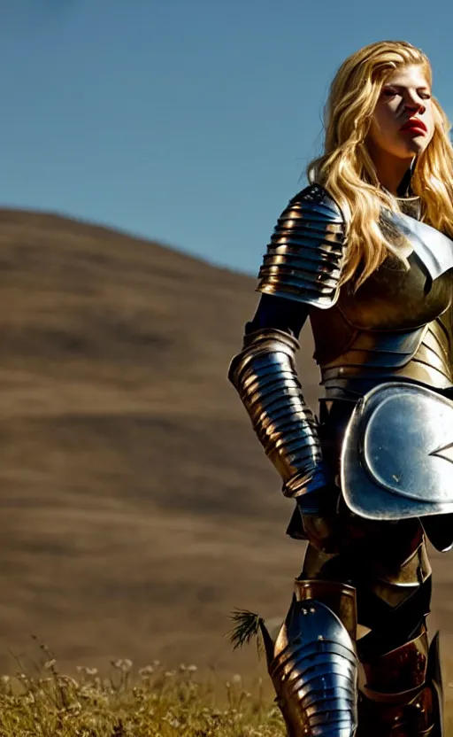 Prompt: katheryn winnick in a knight armor, full plate, photography, movie poster, red lipstick, leather, blood stains, hair in the wind, shiny metal armor, gold, victorious on a hill, battlefield, blue sky, sunshine, lens flare, hard light, full body, sword pointed at sky